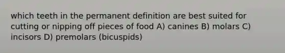 which teeth in the permanent definition are best suited for cutting or nipping off pieces of food A) canines B) molars C) incisors D) premolars (bicuspids)