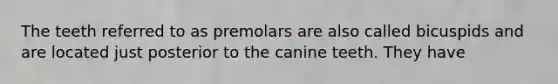 The teeth referred to as premolars are also called bicuspids and are located just posterior to the canine teeth. They have