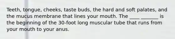 Teeth, tongue, cheeks, taste buds, the hard and soft palates, and the mucus membrane that lines your mouth. The ____ _______ is the beginning of the 30-foot long muscular tube that runs from your mouth to your anus.