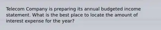 Telecom Company is preparing its annual <a href='https://www.questionai.com/knowledge/kWVg0aX6D7-budgeted-income-statement' class='anchor-knowledge'>budgeted income statement</a>. What is the best place to locate the amount of interest expense for the year?