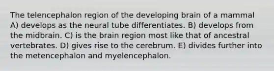 The telencephalon region of the developing brain of a mammal A) develops as the neural tube differentiates. B) develops from the midbrain. C) is the brain region most like that of ancestral vertebrates. D) gives rise to the cerebrum. E) divides further into the metencephalon and myelencephalon.