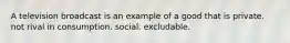 A television broadcast is an example of a good that is private. not rival in consumption. social. excludable.