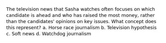 The television news that Sasha watches often focuses on which candidate is ahead and who has raised the most money, rather than the candidates' opinions on key issues. What concept does this represent? a. Horse race journalism b. Television hypothesis c. Soft news d. Watchdog journalism