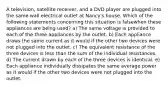 A television, satellite receiver, and a DVD player are plugged into the same wall electrical outlet at Nancy's house. Which of the following statements concerning this situation is falsewhen these appliances are being used? a) The same voltage is provided to each of the three appliances by the outlet. b) Each appliance draws the same current as it would if the other two devices were not plugged into the outlet. c) The equivalent resistance of the three devices is less than the sum of the individual resistances. d) The current drawn by each of the three devices is identical. e) Each appliance individually dissipates the same average power as it would if the other two devices were not plugged into the outlet.