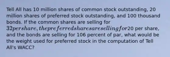 Tell All has 10 million shares of common stock outstanding, 20 million shares of preferred stock outstanding, and 100 thousand bonds. If the common shares are selling for 32 per share, the preferred shares are selling for20 per share, and the bonds are selling for 106 percent of par, what would be the weight used for preferred stock in the computation of Tell All's WACC?