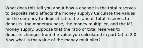 What does this tell you about how a change in the total reserves to deposits ratio affects the money supply? Calculate the values for the currency-to-deposit ratio, the ratio of total reserves to deposits, the monetary base, the money multiplier, and the M1 money supply. Suppose that the ratio of total reserves to deposits changes from the value you calculated in part (a) to 2.0. Now what is the value of the money multiplier?