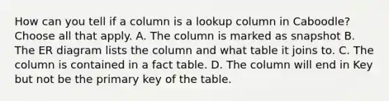 How can you tell if a column is a lookup column in Caboodle? Choose all that apply. A. The column is marked as snapshot B. The ER diagram lists the column and what table it joins to. C. The column is contained in a fact table. D. The column will end in Key but not be the primary key of the table.