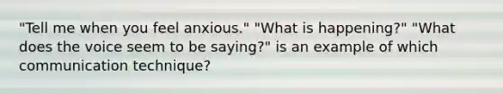 "Tell me when you feel anxious." "What is happening?" "What does the voice seem to be saying?" is an example of which communication technique?