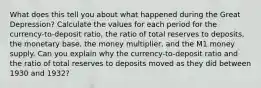 What does this tell you about what happened during the Great Depression? Calculate the values for each period for the currency-to-deposit ratio, the ratio of total reserves to deposits, the monetary base, the money multiplier, and the M1 money supply. Can you explain why the currency-to-deposit ratio and the ratio of total reserves to deposits moved as they did between 1930 and 1932?