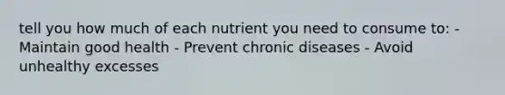 tell you how much of each nutrient you need to consume to: - Maintain good health - Prevent chronic diseases - Avoid unhealthy excesses