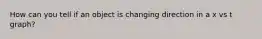 How can you tell if an object is changing direction in a x vs t graph?