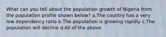 What can you tell about the population growth of Nigeria from the population profile shown below? a.The country has a very low dependency ratio b.The population is growing rapidly c.The population will decline d.All of the above