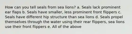 How can you tell seals from sea lions? a. Seals lack prominent ear flaps b. Seals have smaller, less prominent front flippers c. Seals have different hip structure than sea lions d. Seals propel themselves through the water using their rear flippers, sea lions use their front flippers e. All of the above