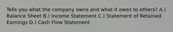 Tells you what the company owns and what it owes to others? A.) Balance Sheet B.) <a href='https://www.questionai.com/knowledge/kCPMsnOwdm-income-statement' class='anchor-knowledge'>income statement</a> C.) Statement of Retained Earnings D.) Cash Flow Statement