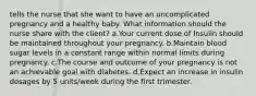 tells the nurse that she want to have an uncomplicated pregnancy and a healthy baby. What information should the nurse share with the client? a.Your current dose of Insulin should be maintained throughout your pregnancy. b.Maintain blood sugar levels in a constant range within normal limits during pregnancy. c.The course and outcome of your pregnancy is not an achievable goal with diabetes. d.Expect an increase in insulin dosages by 5 units/week during the first trimester.