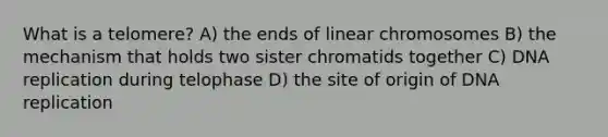 What is a telomere? A) the ends of linear chromosomes B) the mechanism that holds two sister chromatids together C) <a href='https://www.questionai.com/knowledge/kofV2VQU2J-dna-replication' class='anchor-knowledge'>dna replication</a> during telophase D) the site of origin of DNA replication