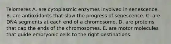 Telomeres A. are cytoplasmic enzymes involved in senescence. B. are antioxidants that slow the progress of senescence. C. are DNA segments at each end of a chromosome. D. are proteins that cap the ends of the chromosomes. E. are motor molecules that guide embryonic cells to the right destinations.