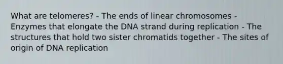 What are telomeres? - The ends of linear chromosomes - Enzymes that elongate the DNA strand during replication - The structures that hold two sister chromatids together - The sites of origin of DNA replication