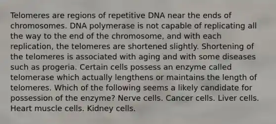 Telomeres are regions of repetitive DNA near the ends of chromosomes. DNA polymerase is not capable of replicating all the way to the end of the chromosome, and with each replication, the telomeres are shortened slightly. Shortening of the telomeres is associated with aging and with some diseases such as progeria. Certain cells possess an enzyme called telomerase which actually lengthens or maintains the length of telomeres. Which of the following seems a likely candidate for possession of the enzyme? Nerve cells. Cancer cells. Liver cells. Heart muscle cells. Kidney cells.