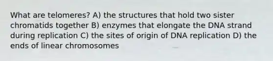 What are telomeres? A) the structures that hold two sister chromatids together B) enzymes that elongate the DNA strand during replication C) the sites of origin of DNA replication D) the ends of linear chromosomes