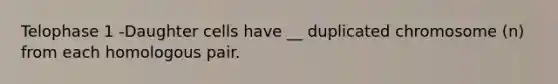 Telophase 1 -Daughter cells have __ duplicated chromosome (n) from each homologous pair.