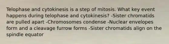 Telophase and cytokinesis is a step of mitosis. What key event happens during telophase and cytokinesis? -Sister chromatids are pulled apart -Chromosomes condense -Nuclear envelopes form and a cleavage furrow forms -Sister chromatids align on the spindle equator