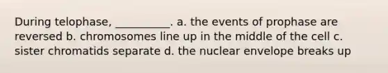 During telophase, __________. a. the events of prophase are reversed b. chromosomes line up in the middle of the cell c. sister chromatids separate d. the nuclear envelope breaks up