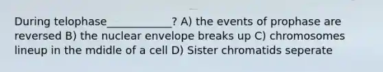 During telophase____________? A) the events of prophase are reversed B) the nuclear envelope breaks up C) chromosomes lineup in the mdidle of a cell D) Sister chromatids seperate