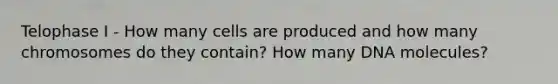Telophase I - How many cells are produced and how many chromosomes do they contain? How many DNA molecules?