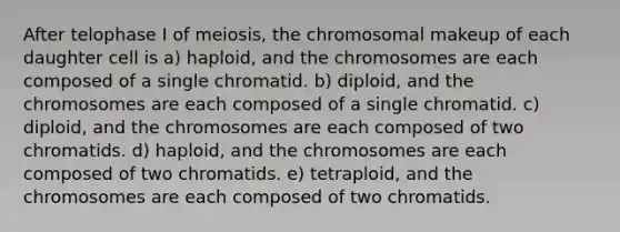 After telophase I of meiosis, the chromosomal makeup of each daughter cell is a) haploid, and the chromosomes are each composed of a single chromatid. b) diploid, and the chromosomes are each composed of a single chromatid. c) diploid, and the chromosomes are each composed of two chromatids. d) haploid, and the chromosomes are each composed of two chromatids. e) tetraploid, and the chromosomes are each composed of two chromatids.