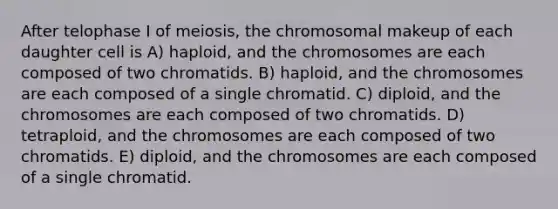 After telophase I of meiosis, the chromosomal makeup of each daughter cell is A) haploid, and the chromosomes are each composed of two chromatids. B) haploid, and the chromosomes are each composed of a single chromatid. C) diploid, and the chromosomes are each composed of two chromatids. D) tetraploid, and the chromosomes are each composed of two chromatids. E) diploid, and the chromosomes are each composed of a single chromatid.