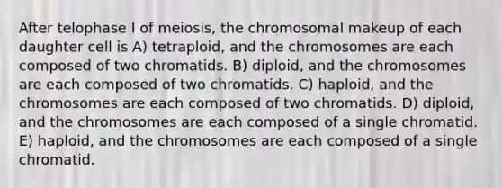 After telophase I of meiosis, the chromosomal makeup of each daughter cell is A) tetraploid, and the chromosomes are each composed of two chromatids. B) diploid, and the chromosomes are each composed of two chromatids. C) haploid, and the chromosomes are each composed of two chromatids. D) diploid, and the chromosomes are each composed of a single chromatid. E) haploid, and the chromosomes are each composed of a single chromatid.