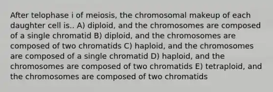 After telophase i of meiosis, the chromosomal makeup of each daughter cell is.. A) diploid, and the chromosomes are composed of a single chromatid B) diploid, and the chromosomes are composed of two chromatids C) haploid, and the chromosomes are composed of a single chromatid D) haploid, and the chromosomes are composed of two chromatids E) tetraploid, and the chromosomes are composed of two chromatids