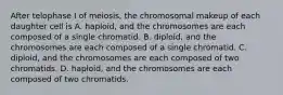 After telophase I of meiosis, the chromosomal makeup of each daughter cell is A. haploid, and the chromosomes are each composed of a single chromatid. B. diploid, and the chromosomes are each composed of a single chromatid. C. diploid, and the chromosomes are each composed of two chromatids. D. haploid, and the chromosomes are each composed of two chromatids.