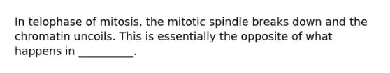 In telophase of mitosis, the mitotic spindle breaks down and the chromatin uncoils. This is essentially the opposite of what happens in __________.