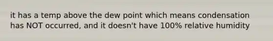 it has a temp above the dew point which means condensation has NOT occurred, and it doesn't have 100% relative humidity