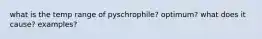 what is the temp range of pyschrophile? optimum? what does it cause? examples?