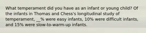 What temperament did you have as an infant or young child? Of the infants in Thomas and Chess's longitudinal study of temperament, __% were easy infants, 10% were difficult infants, and 15% were slow-to-warm-up infants.