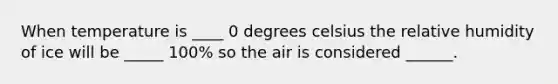 When temperature is ____ 0 degrees celsius the relative humidity of ice will be _____ 100% so the air is considered ______.