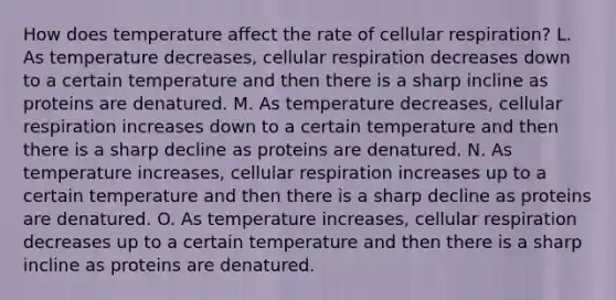 How does temperature affect the rate of cellular respiration? L. As temperature decreases, cellular respiration decreases down to a certain temperature and then there is a sharp incline as proteins are denatured. M. As temperature decreases, cellular respiration increases down to a certain temperature and then there is a sharp decline as proteins are denatured. N. As temperature increases, cellular respiration increases up to a certain temperature and then there is a sharp decline as proteins are denatured. O. As temperature increases, cellular respiration decreases up to a certain temperature and then there is a sharp incline as proteins are denatured.