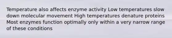 Temperature also affects enzyme activity Low temperatures slow down molecular movement High temperatures denature proteins Most enzymes function optimally only within a very narrow range of these conditions