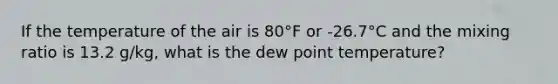 If the temperature of the air is 80°F or -26.7°C and the mixing ratio is 13.2 g/kg, what is the dew point temperature?