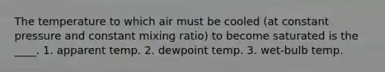 The temperature to which air must be cooled (at constant pressure and constant mixing ratio) to become saturated is the ____. 1. apparent temp. 2. dewpoint temp. 3. wet-bulb temp.