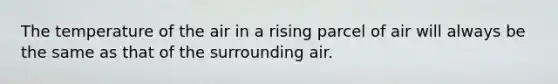 The temperature of the air in a rising parcel of air will always be the same as that of the surrounding air.
