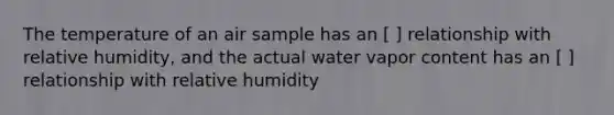 The temperature of an air sample has an [ ] relationship with relative humidity, and the actual water vapor content has an [ ] relationship with relative humidity