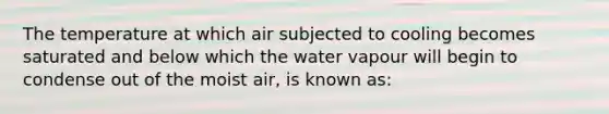 The temperature at which air subjected to cooling becomes saturated and below which the water vapour will begin to condense out of the moist air, is known as: