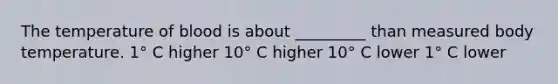 The temperature of blood is about _________ than measured body temperature. 1° C higher 10° C higher 10° C lower 1° C lower