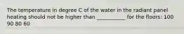 The temperature in degree C of the water in the radiant panel heating should not be higher than ___________ for the floors: 100 90 80 60