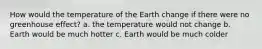 How would the temperature of the Earth change if there were no greenhouse effect? a. the temperature would not change b. Earth would be much hotter c. Earth would be much colder