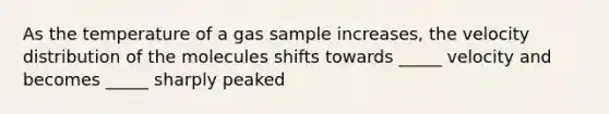 As the temperature of a gas sample increases, the velocity distribution of the molecules shifts towards _____ velocity and becomes _____ sharply peaked